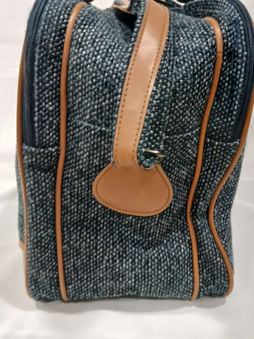 Vintage Pierre Cardin Tweed Weekender Duffel Travel Bag Blue Tan Leather Trim